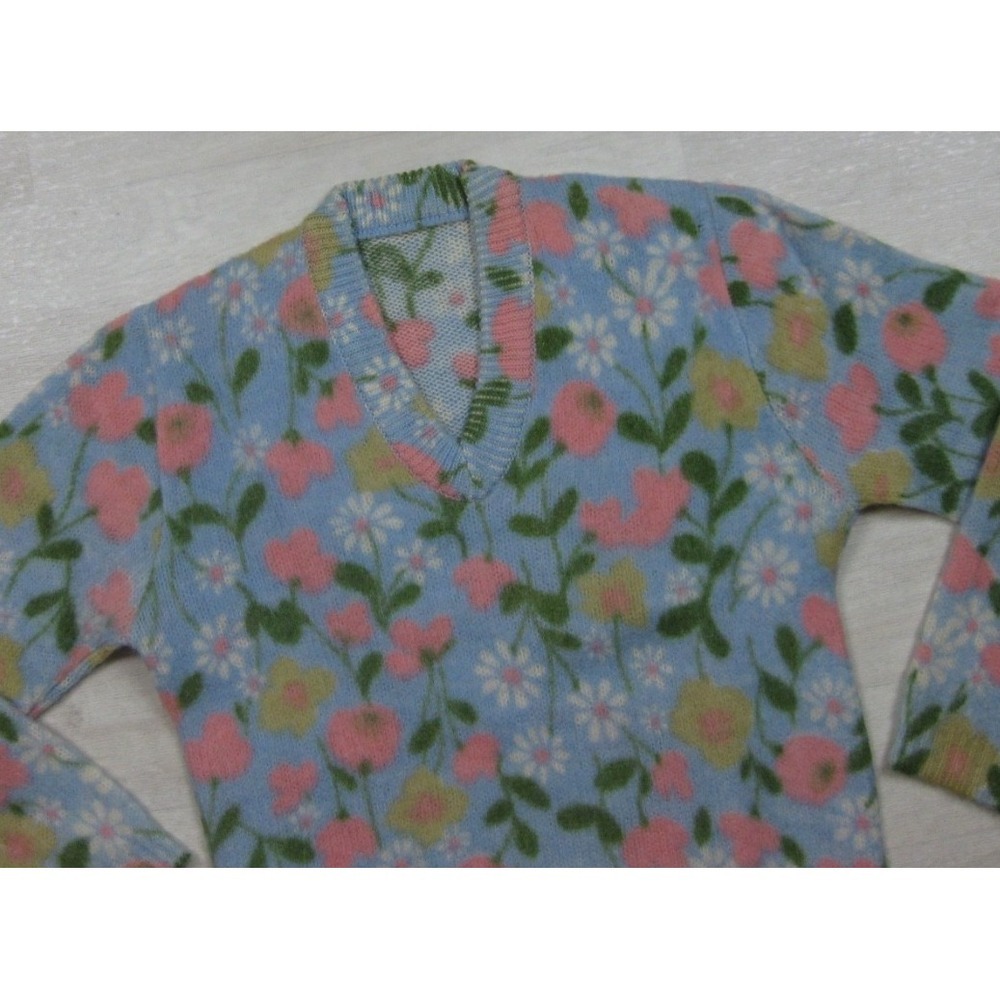 Vintage 60s Wool Groovy Floral Sweater Womens (M) V Neck Hippy Whimsical - Picture 3 of 10